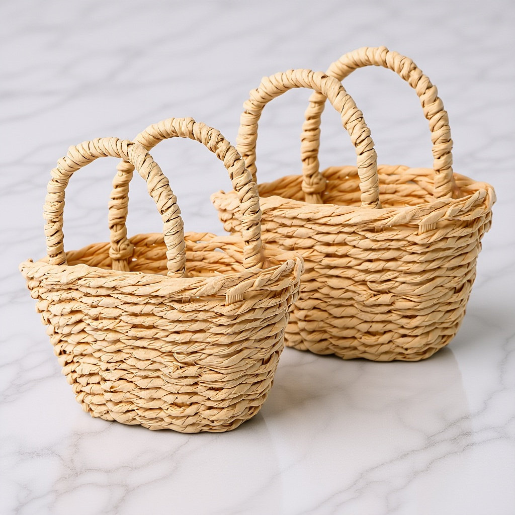 2Pcs Mini Raffia Handle Basket - Desk Setup Diy 评论和价格